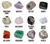 An image showing the 12 different minerals or fossils that can be found in the kit. These include: amethyst, aventurine, quartz, rose quartz, red jasper, pyrite, diorite, pisolite, honeycomb coral, sea lily, petrified wood, or crinoid.