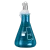 A teal blown-glass ornament in the shape of an Erlenmeyer flask seen from the front