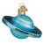 A blown-glass ornament in the shape of the planet Uranus from the side
