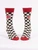 "Grumpy Old Man" Men's Crew Socks feature a black-and-white checkered design with red cuffs and a playful red patch reading “GRUMPY OLD MAN”.