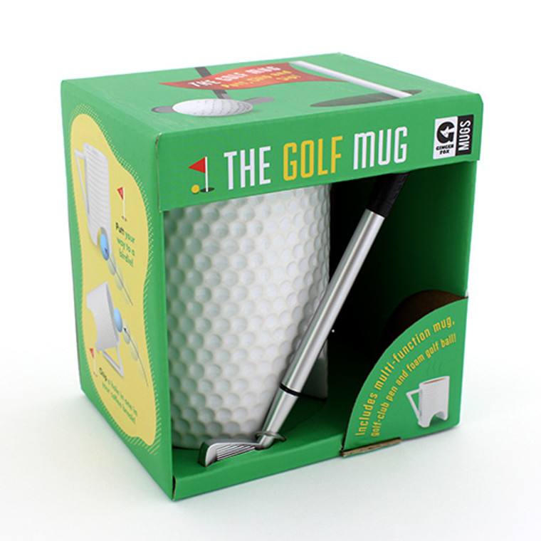 This image shows white mug with cut out area that you putt through with the pen shaped like a putter