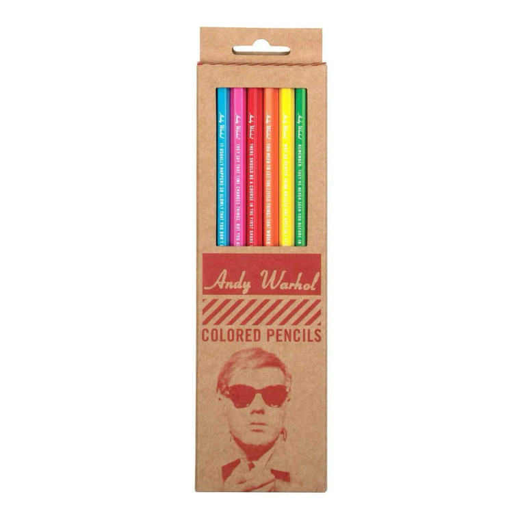 image of colored pencils inside of a paper box with a cut out window to see the items. Also has an image imprinted on box of Andy Warhol.