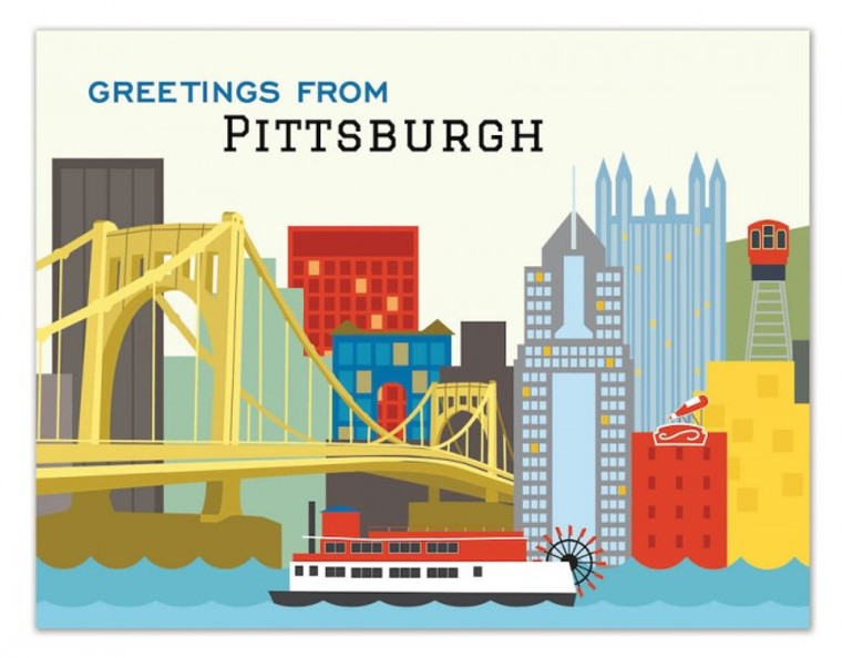 image of postcard imprinted with a colorful Pittsburgh skyline of various buildings, a yellow bridge and a boat.