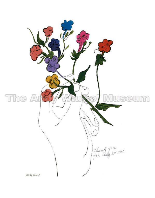 A drawing of a hand holding flowers. Text reads "Thank you for being so nice" and "Andy Warhol"