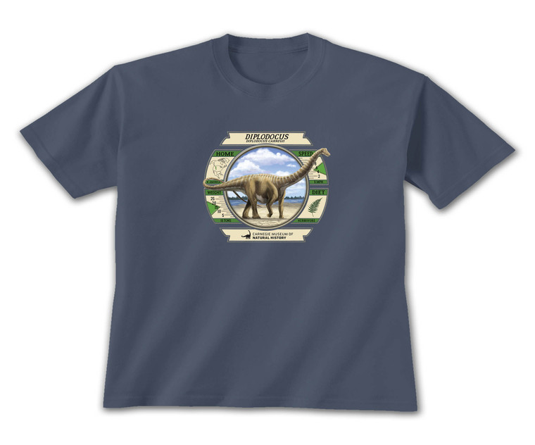 The Indigo blue Dippy dashboard tee is soft, comfortable and provides a relaxing fit.
The design features facts about the Diplodocus (Diplodocus Carnegii) dinosaur, its home, speed, diet and more.
