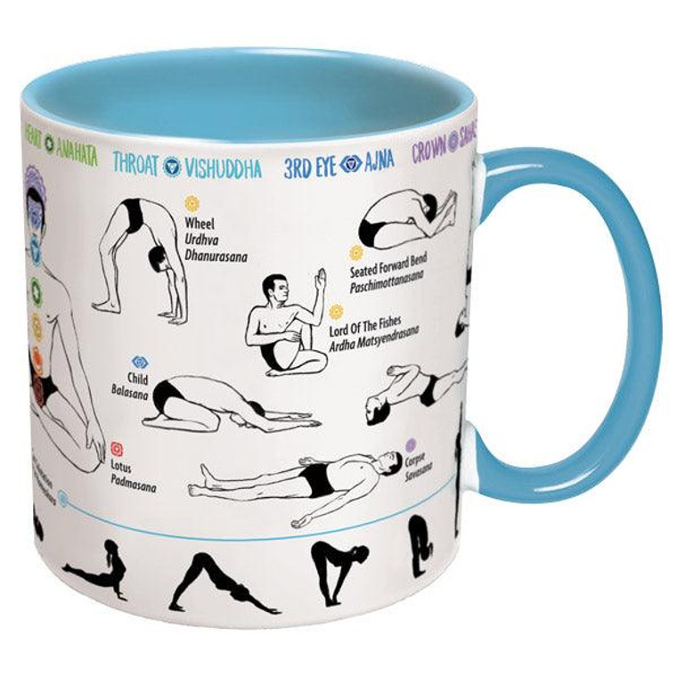 This image is a white background mug with blue inside and handle. Yoga positions decorate outside of mug.