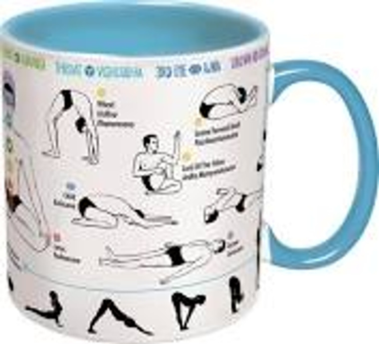 This image is a white background mug with blue inside and handle. Yoga positions decorate outside of mug.