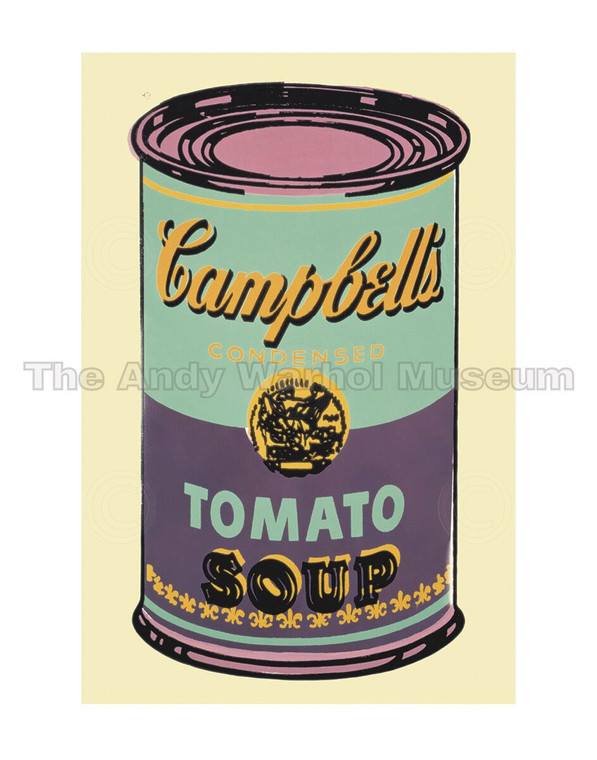 A Campbell's Tomato Soup can with a teal and purple label on a cream background