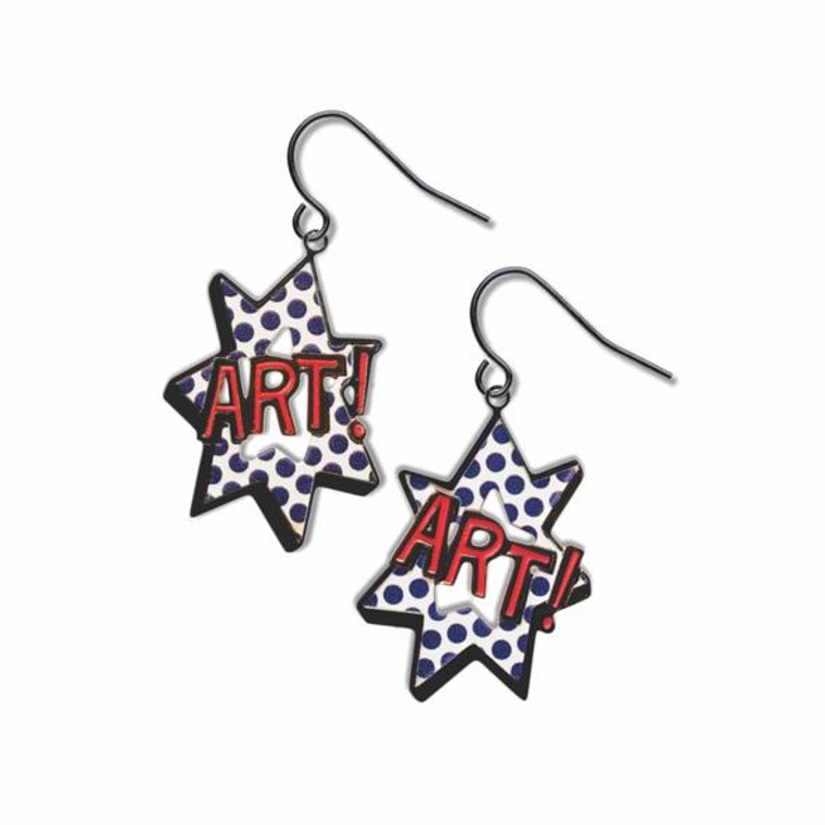 image of a pair of earrings with the word ART in red text.