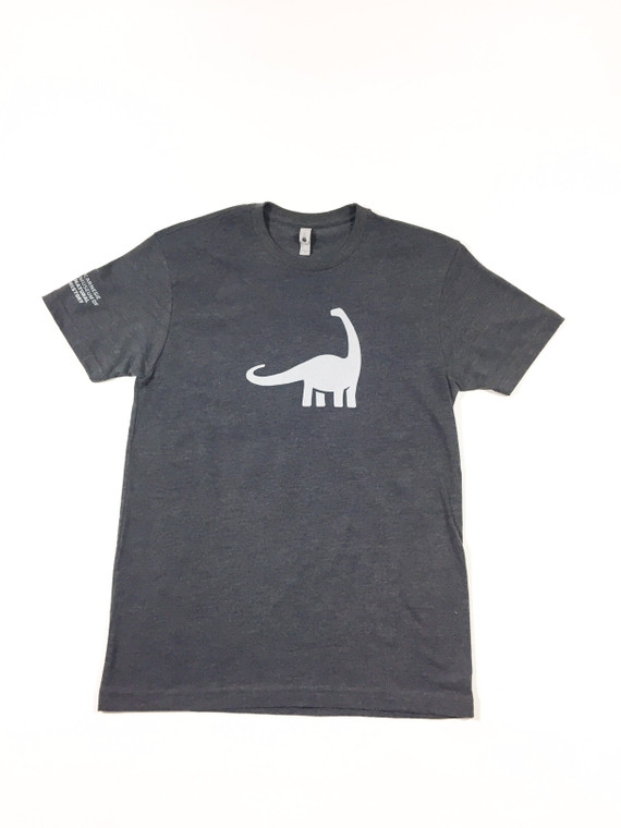 Unisex heather gray t-shirt with a full front light gray Dippy (Diplodocus) and the Carnegie Museum of Natural History logo on the right sleeve.