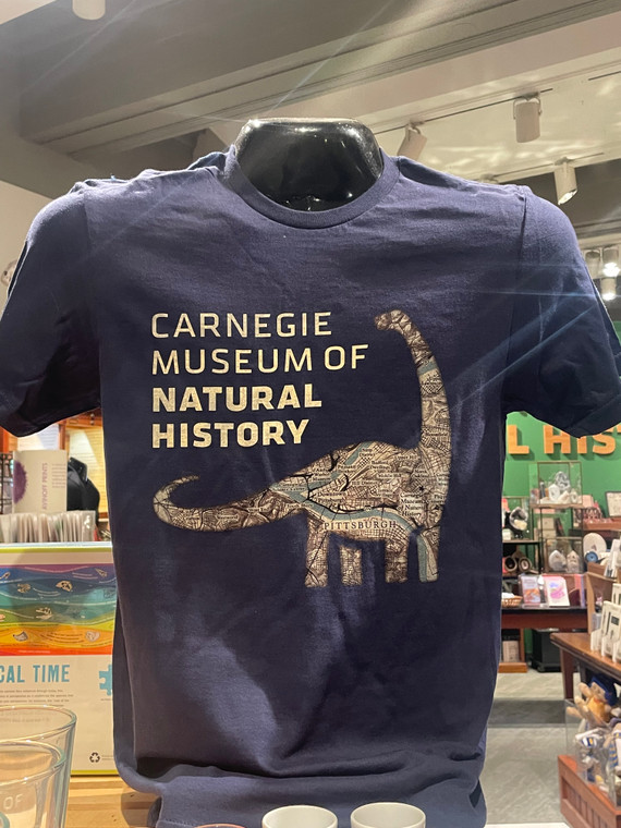 navy blue T-shirt with image of Dippy shaped map of Pittsburgh and museum name printed on the front