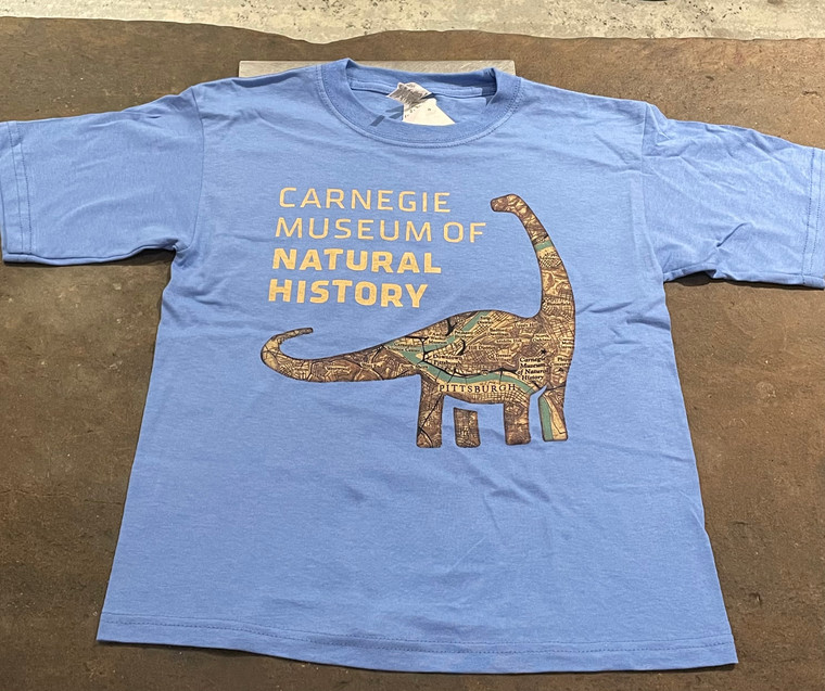 Light blue T-shirt with Dippy Map logo and Carnegie Museum of Natural History printed on the front