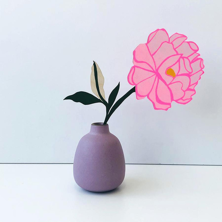image of a pink hand painted flower in a purple vase.