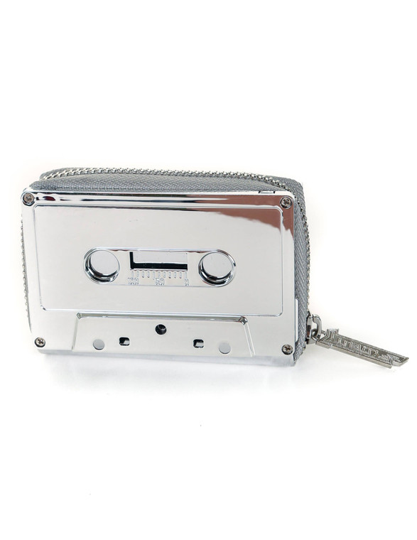 A silver wallet made from a cassette tape