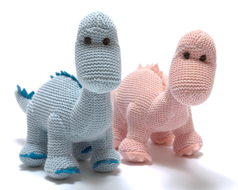 The knitted dinosaur toys are available in pastel blue or pink, they are tactile, and have a sweet sounding rattle.