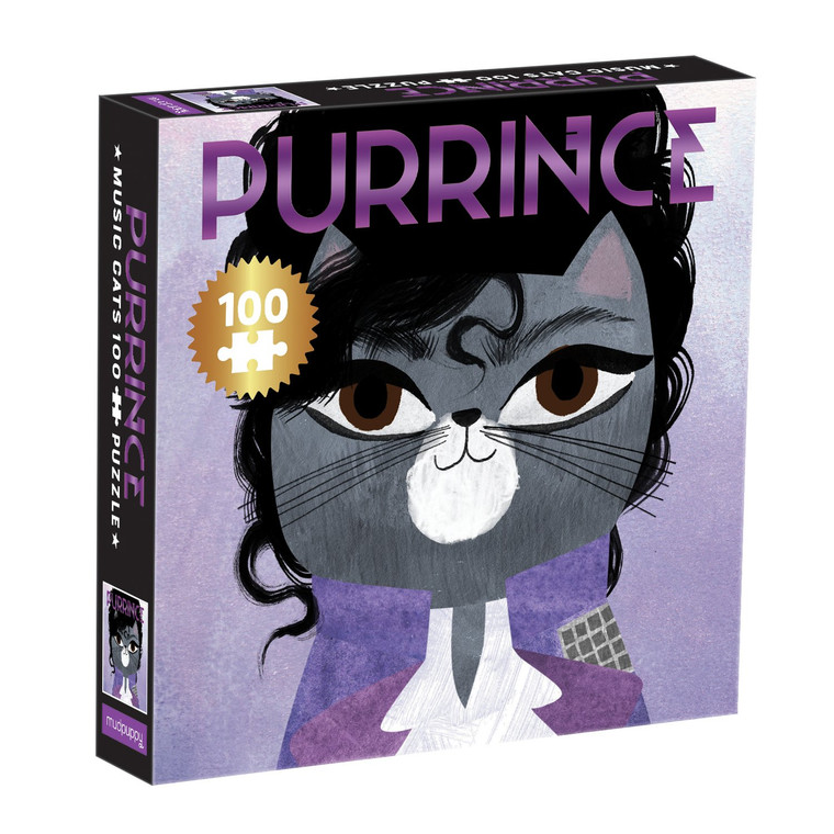 image of product packaging with an illustration of a grey cat wearing a curly wig and purple clothing.