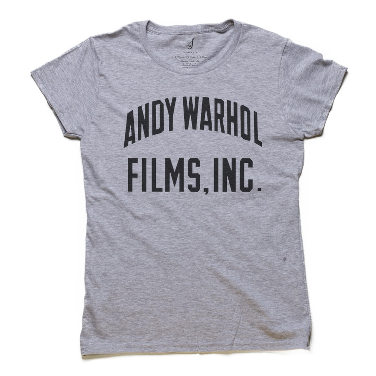 A heathered gray tee with the words "Andy Warhol Films Inc" in black