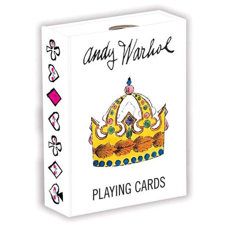 A white box of playing cards with a drawing of a gold crown and text "Andy Warhol Playing Cards"
