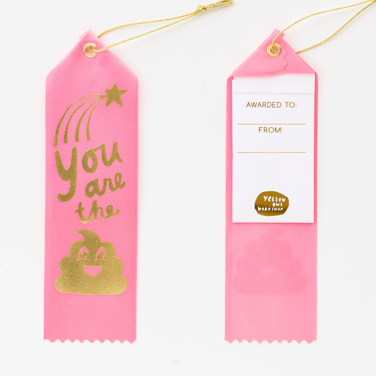 image of a pink award ribbon with a gold foil poop emoji.