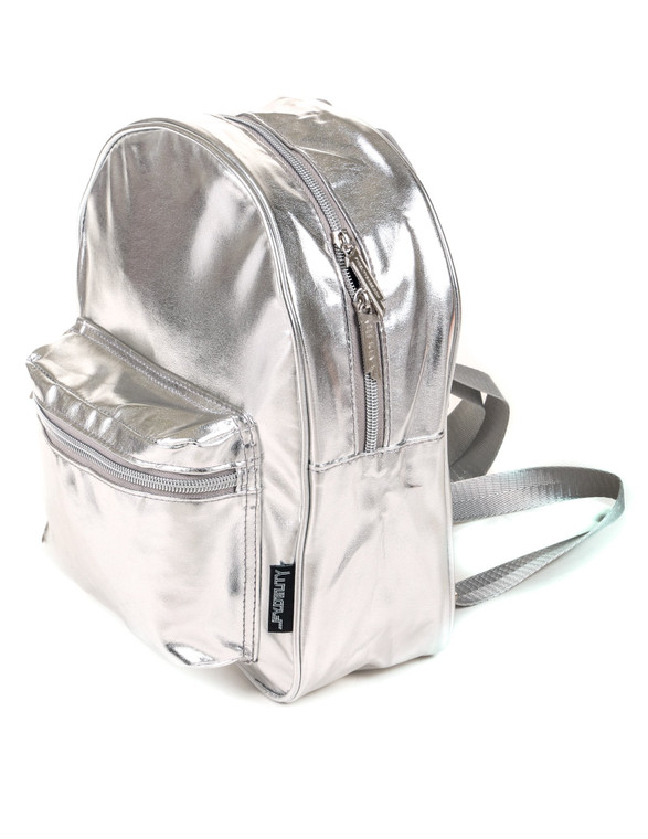 image of a shiny silver backpack, quarter view.