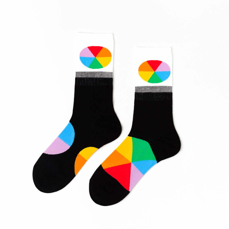 image of two socks with a color wheel pattern.
