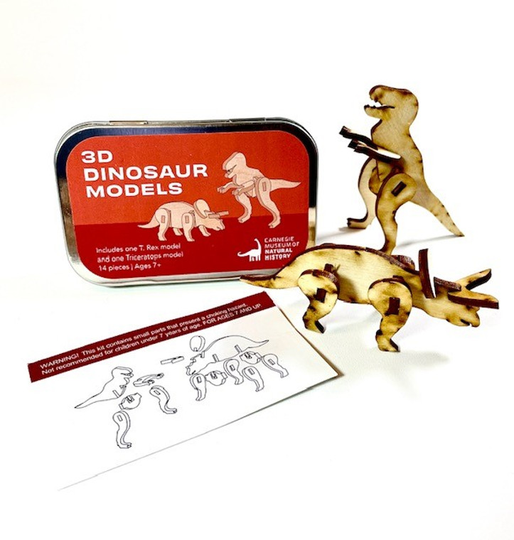 T-Rex and Triceratops 3D wood puzzle with instructions and tin.