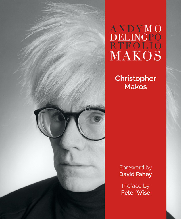 A black and white portrait of Andy Warhol with a red band with text of the book title