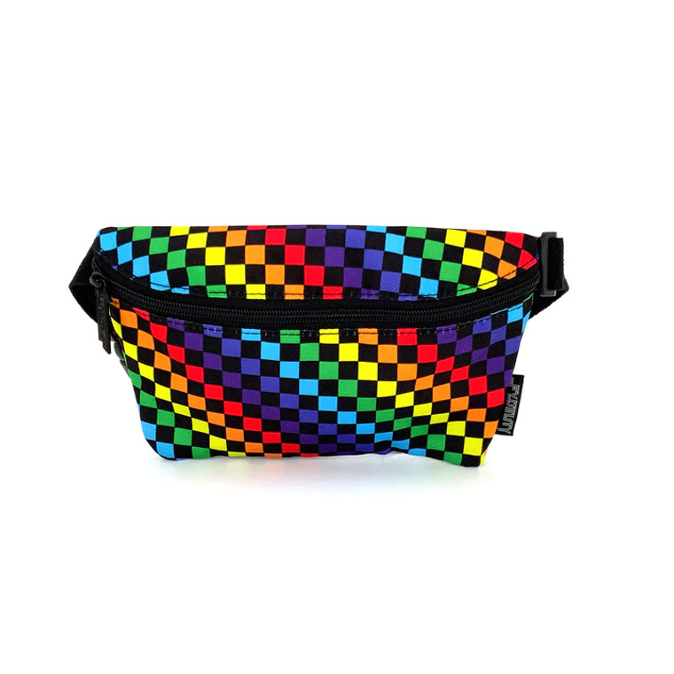 image of a rainbow check fanny pack, front view.