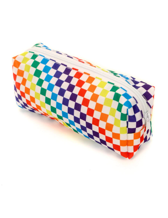 image of a rainbow check pencil case, 3/4 view.