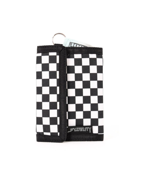 a bi-fold wallet in black and white check pattern.