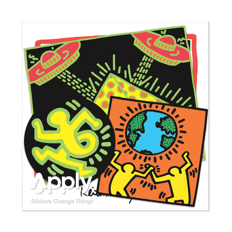 A stack of 3 Keith Haring stickers.