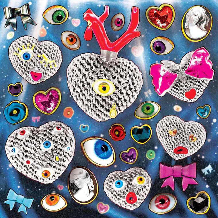 A square sheet of various heart shaped stickers.
