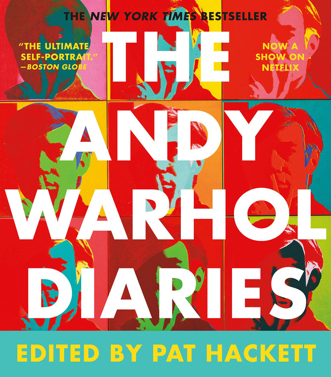 Cover of a book, title of book is in large white font on a colorful background of 9 images of Andy Warhol's face.