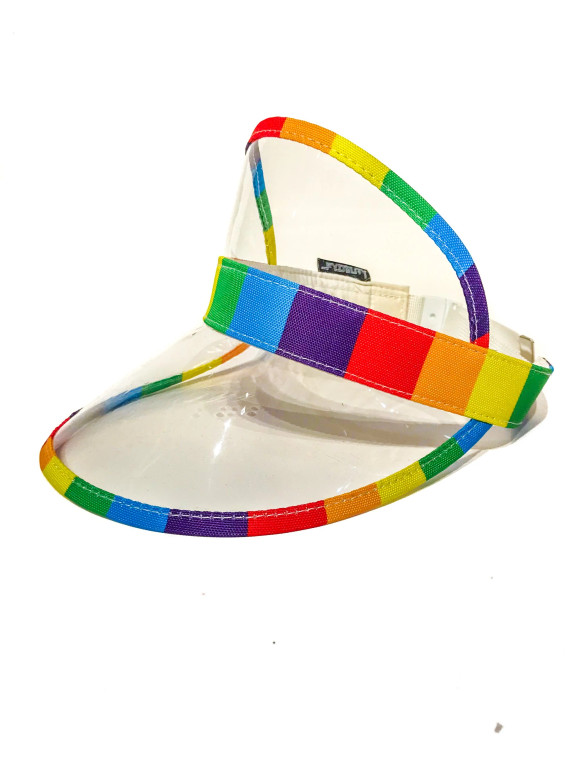 A visor with clear plastic and rainbow stripe bands
