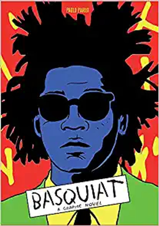 An image of Basquiat in pop-art comic book style art. He is seen here in all black sunglasses. A red and yellow background behind him.