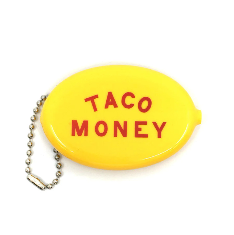 Yellow coin pouch with "taco money" lettering in red.