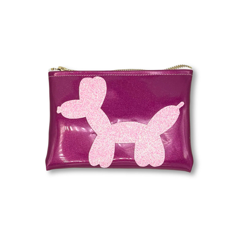 Zippered Glitter Purple pouch and a sewn on pink balloon dog.
