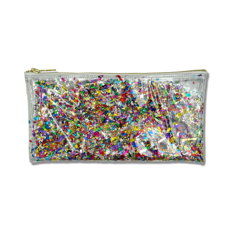 Clear zippered pouch filled with rainbow confetti.