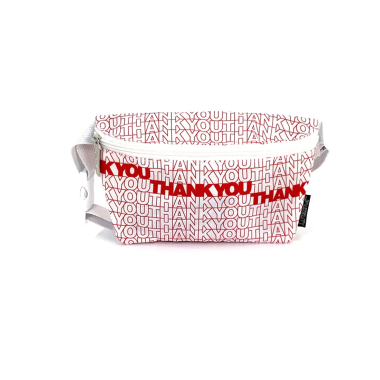 Front view of the "thank you" print fanny pack.