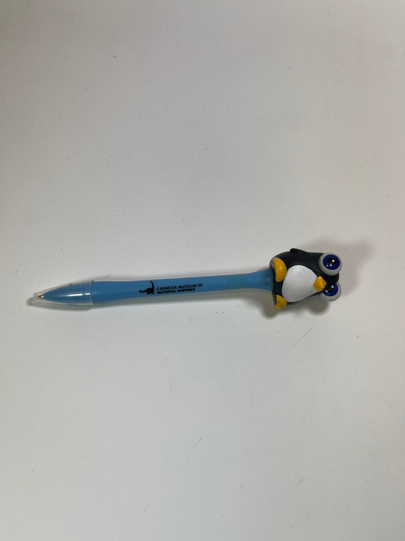 Pen penguin topper with big eyes, blue base with Carnegie Museum of Natural History logo in black ink.