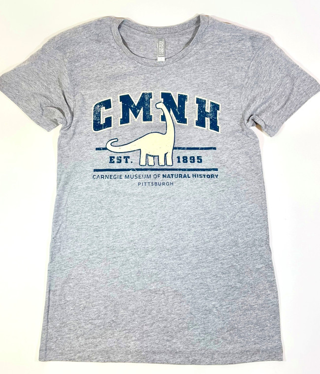 CMNH Dippy distressed tee est. 1895, Carnegie Museum of Natural History - Pittsburgh
Adult ash grey tee, cream Dippy with blue text outlined in cream.