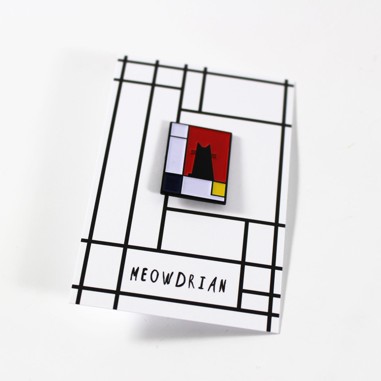 Enamel pin of black cat silhouette on white, black, red, and yellow Mondrian-esque grid.