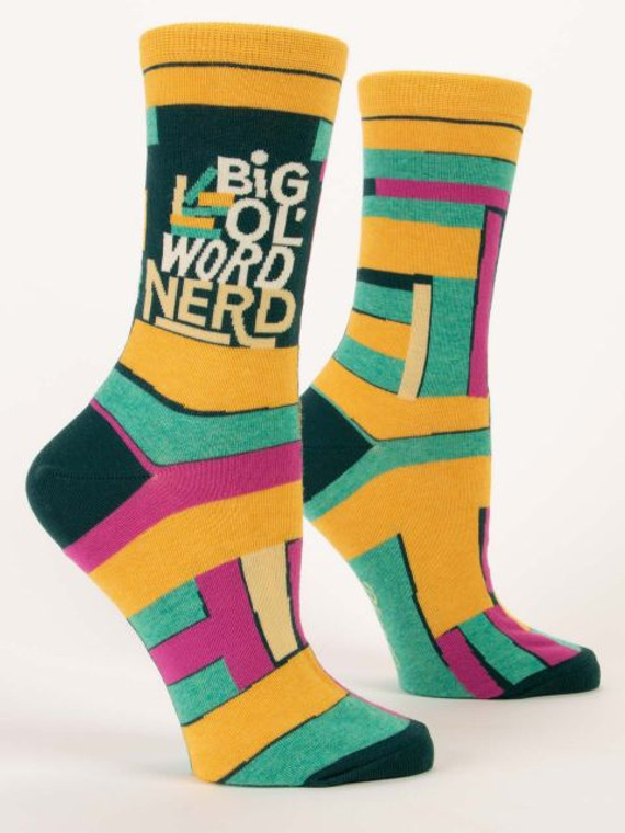 Multicolor socks with books and "big ol' word nerd" text