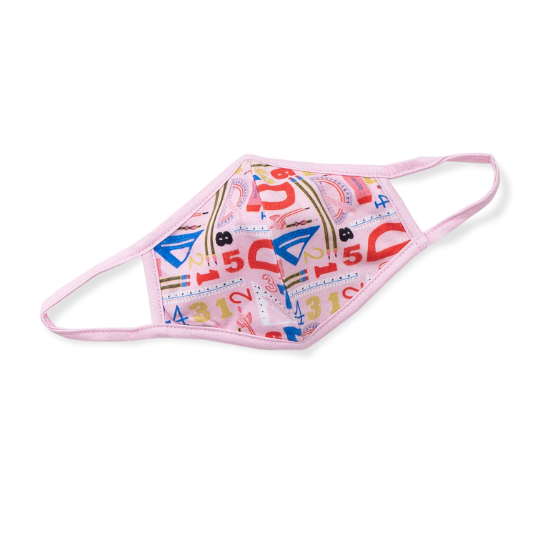 Light pink face mask with colorful geometric shapes. Light pink face mask with colorful geometric shapes.