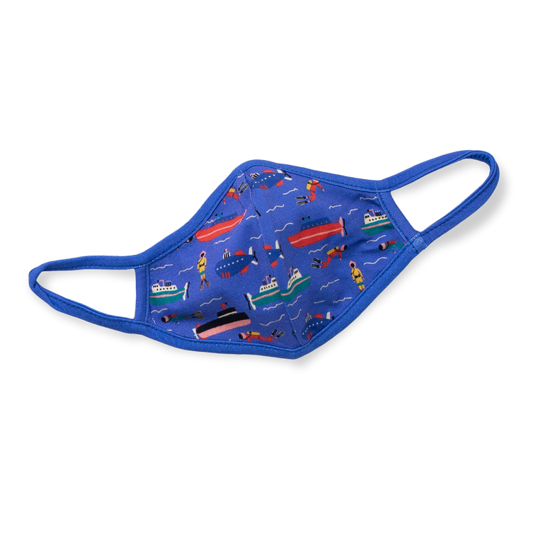 Blue face mask featuring boats, submarines, and scuba divers.
