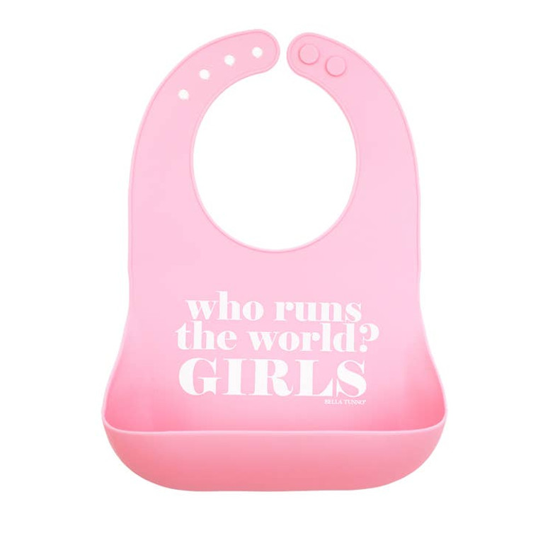 Pink bib with snack pouch.  "Who runs the world? GIRLS"