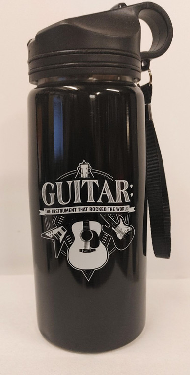 Image of black insulated water bottle showing Guitar logo in white
