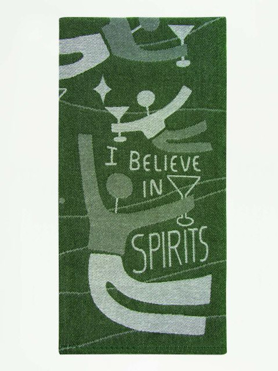 Green dish towel with floating bodies and drinking glasses.  Words "I believe in spirits."