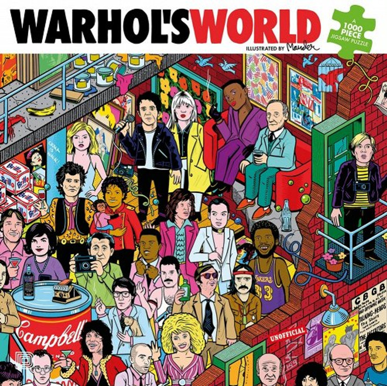 the cover of the puzzle box with illustrated images of celebreties of Warhol's era.