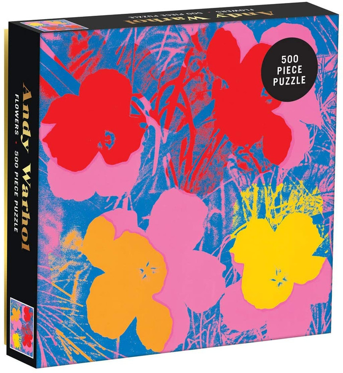 A puzzle box featuring Warhol's Flowers artwork, with yellow, red and orange flowers on blue grass.